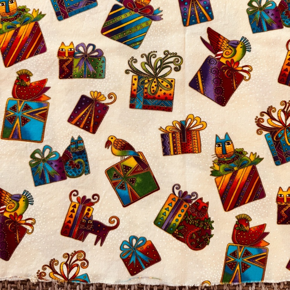 Laurel Burch Cotton Fabric “Bountiful Blessings” Cats and Presents, 1 yard